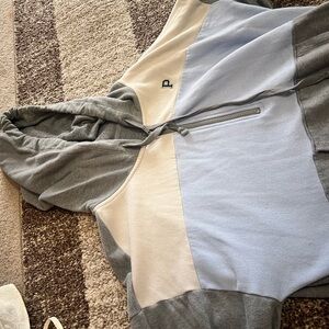 PINK pullover, blue, cream and grey pullover. SIZE: MEDIUM